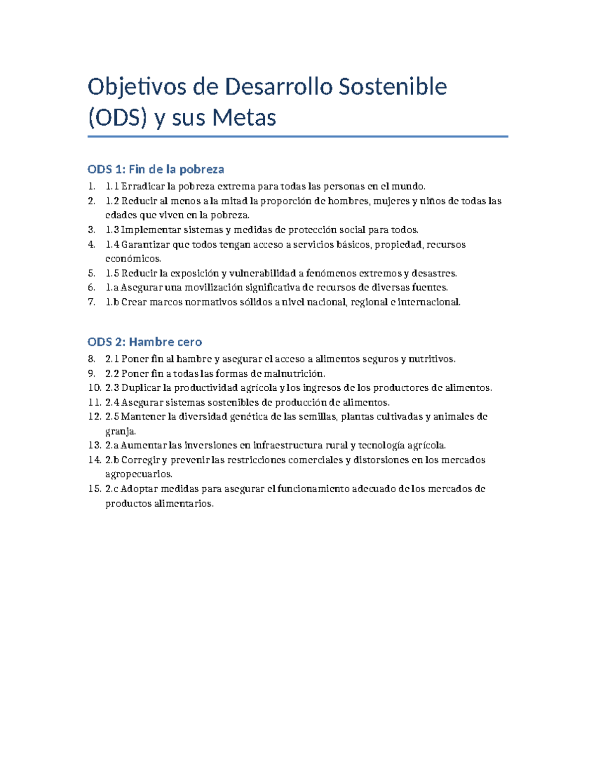 Metas Completas de los ODS: Fin de la Pobreza y Hambre Cero - Studocu