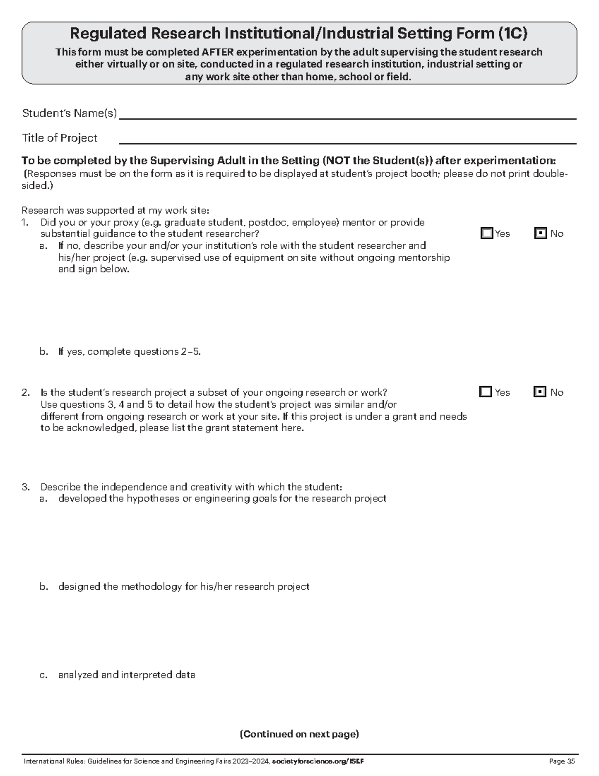 1C Regulated Research Institution Form for Science Fairs 2023-2024 ...