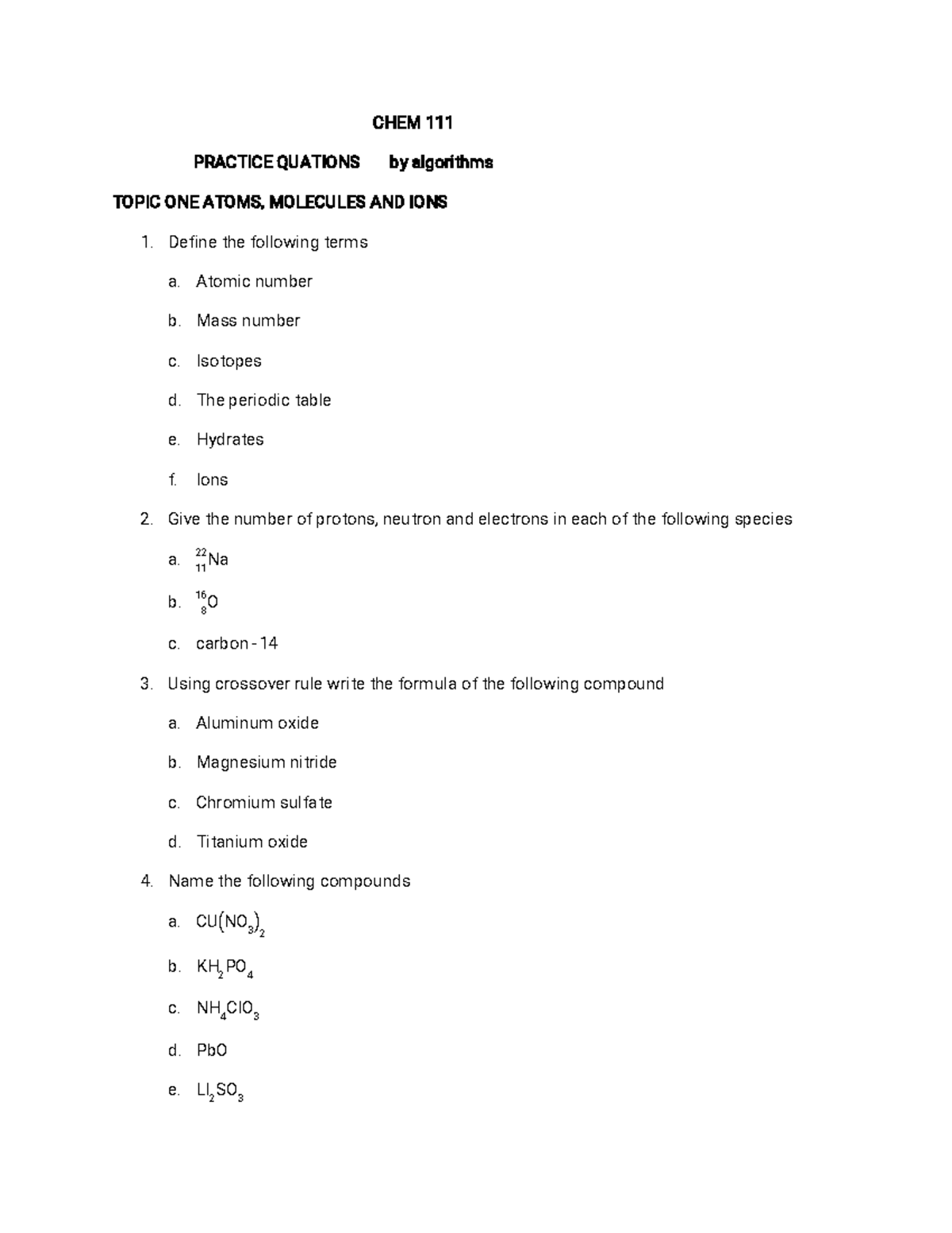 CHEM 111 practice - questions - C H E M 1 1 1 P R A C T I C E Q U A T I ...