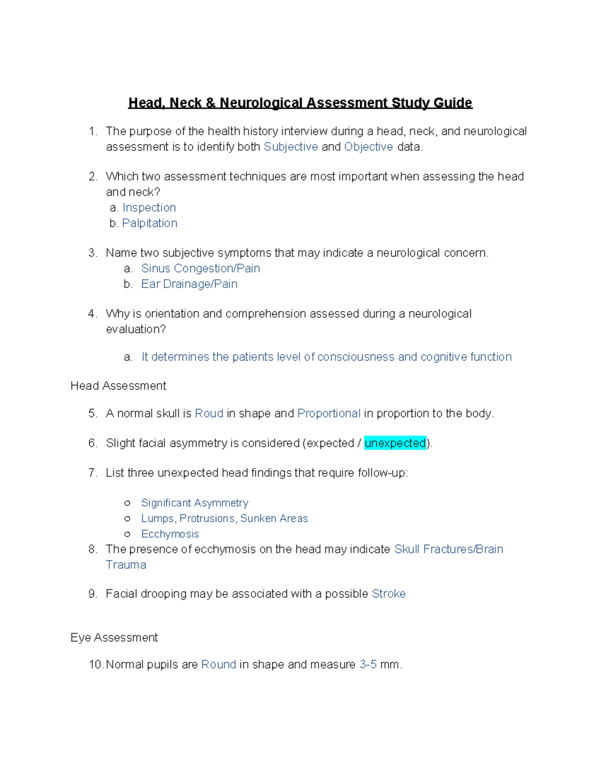 Head, Neck, and Neurological Assessment Study Guide - Studocu