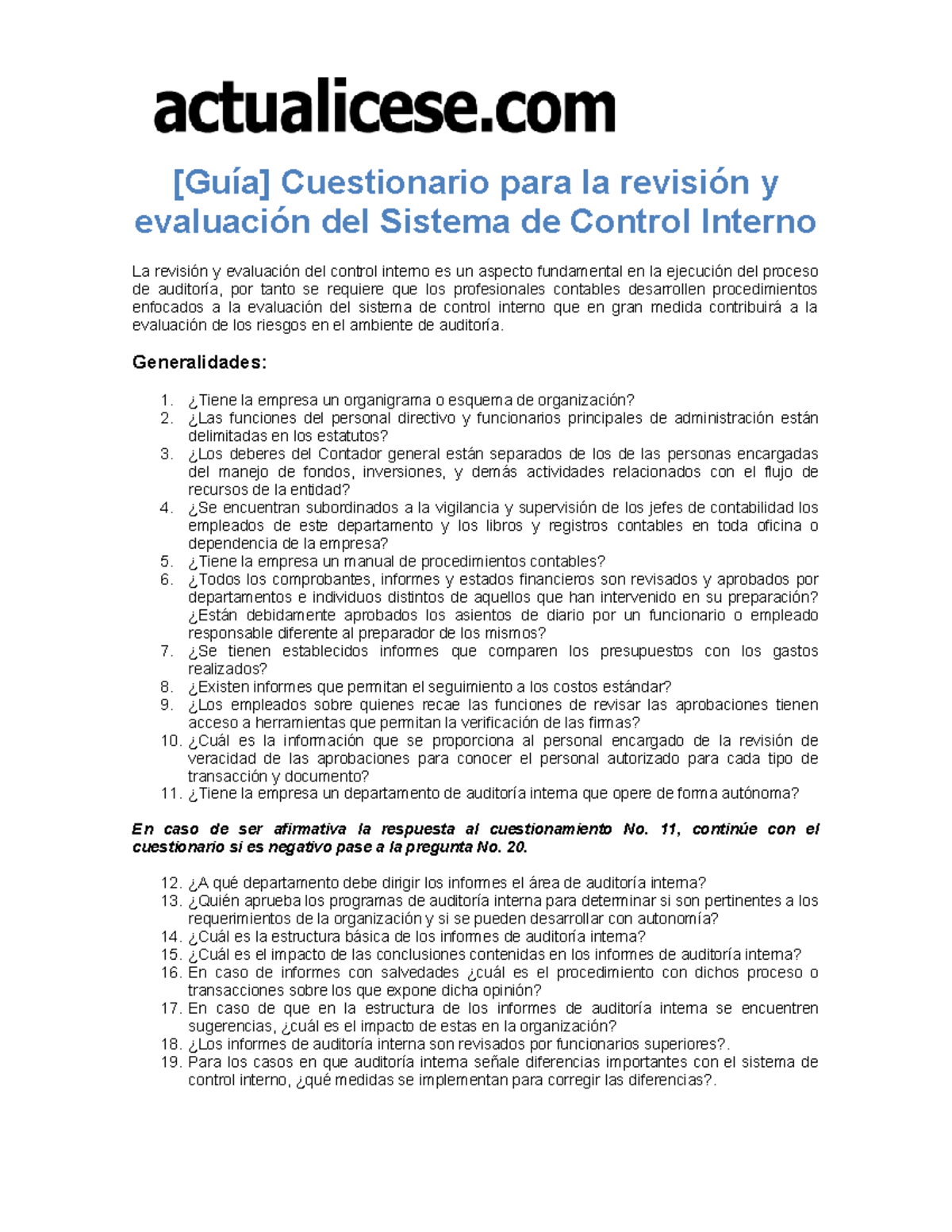 Cuestionario para la Evaluación del Sistema de Control Interno - Studocu