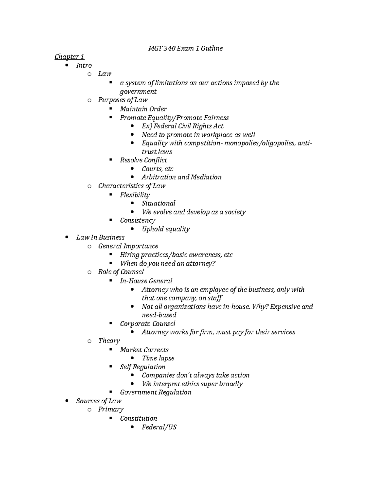 MGT 340 Exam 1 Study Guide - Comprehensive Outline of Key Concepts ...
