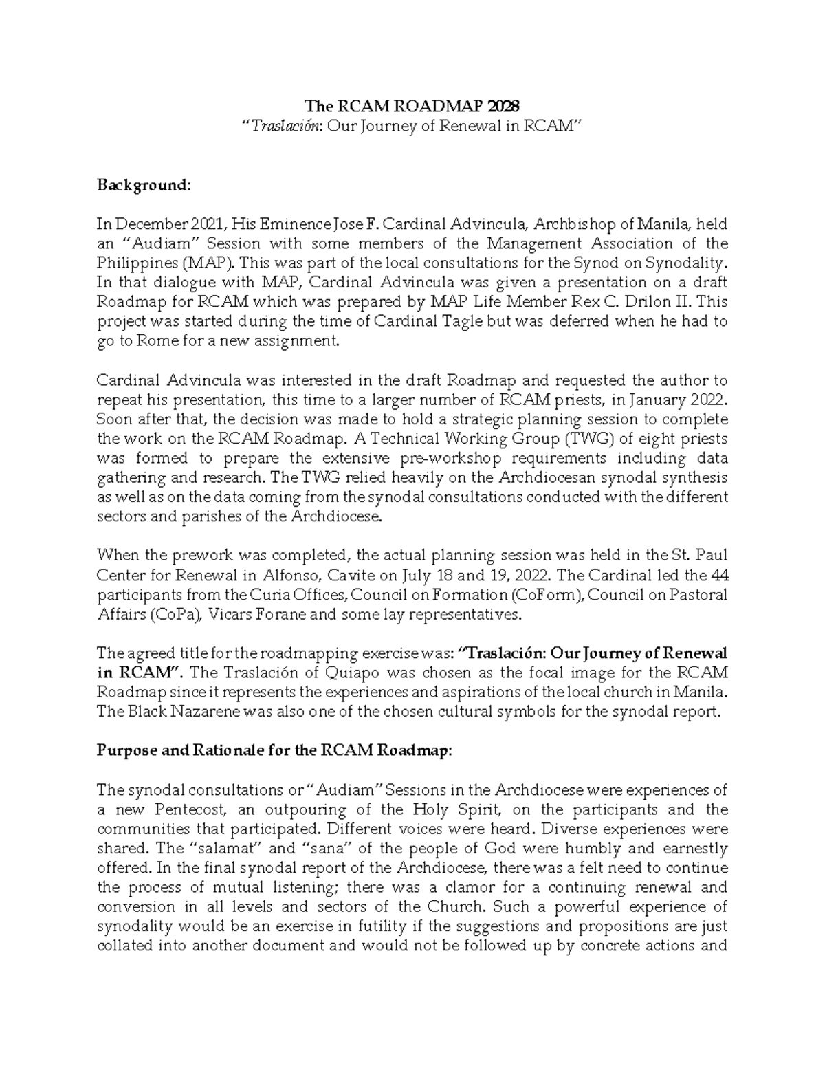 RCAM 2028: Roadmap for Traslación and Renewal Journey - Studocu