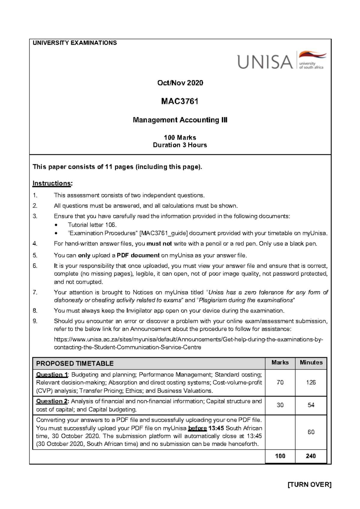 MAC3761 Final Exam: Management Accounting III Past Papers Oct-Nov 2020 ...