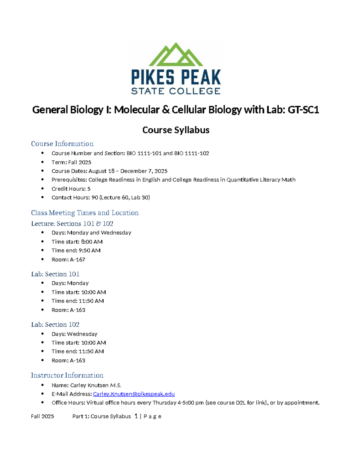 General Biology I: Molecular & Cellular Biology Syllabus (BIO 1111 ...