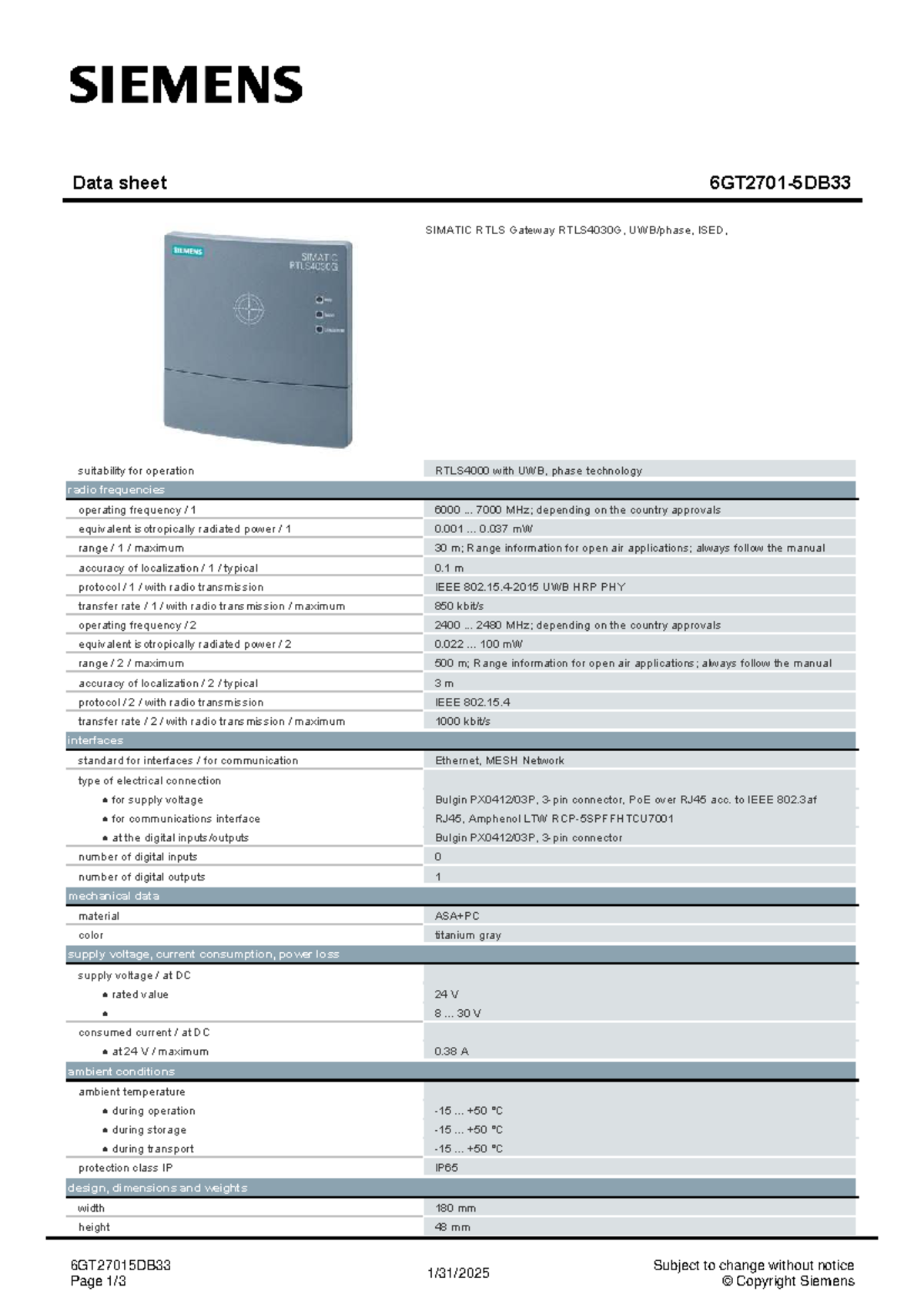6GT27015 DB33 Datasheet: SIMATIC RTLS Gateway RTLS4030G Overview - Studocu