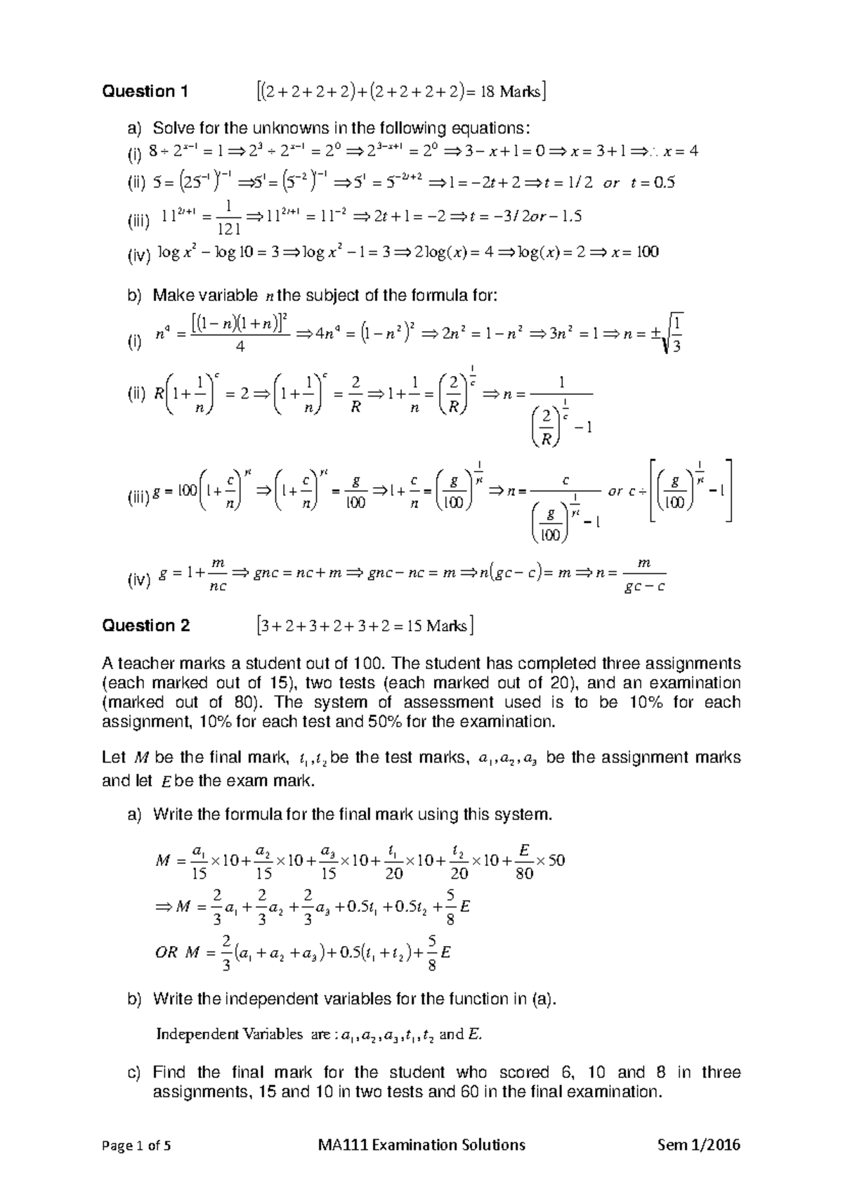 MA111 Final Exam 2016 - Detailed Solutions and Explanations - Studocu