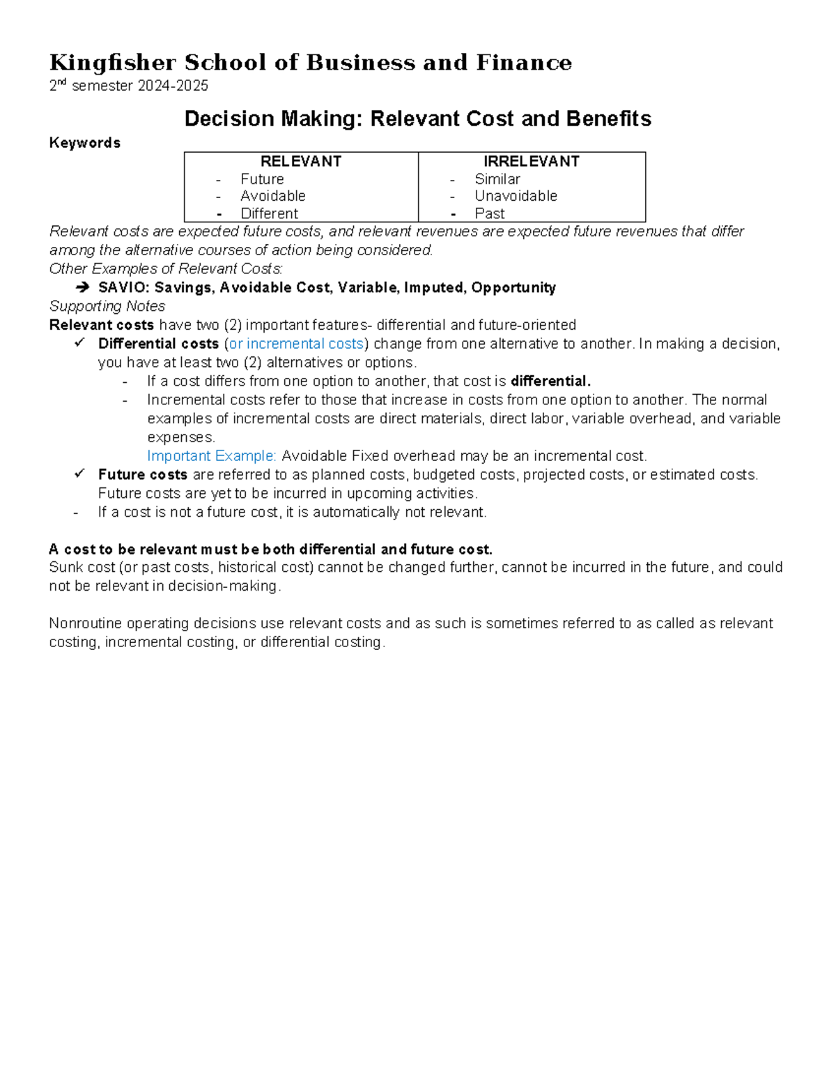 Relevant-Costing - relevant costing summary notes - Kingfisher School ...