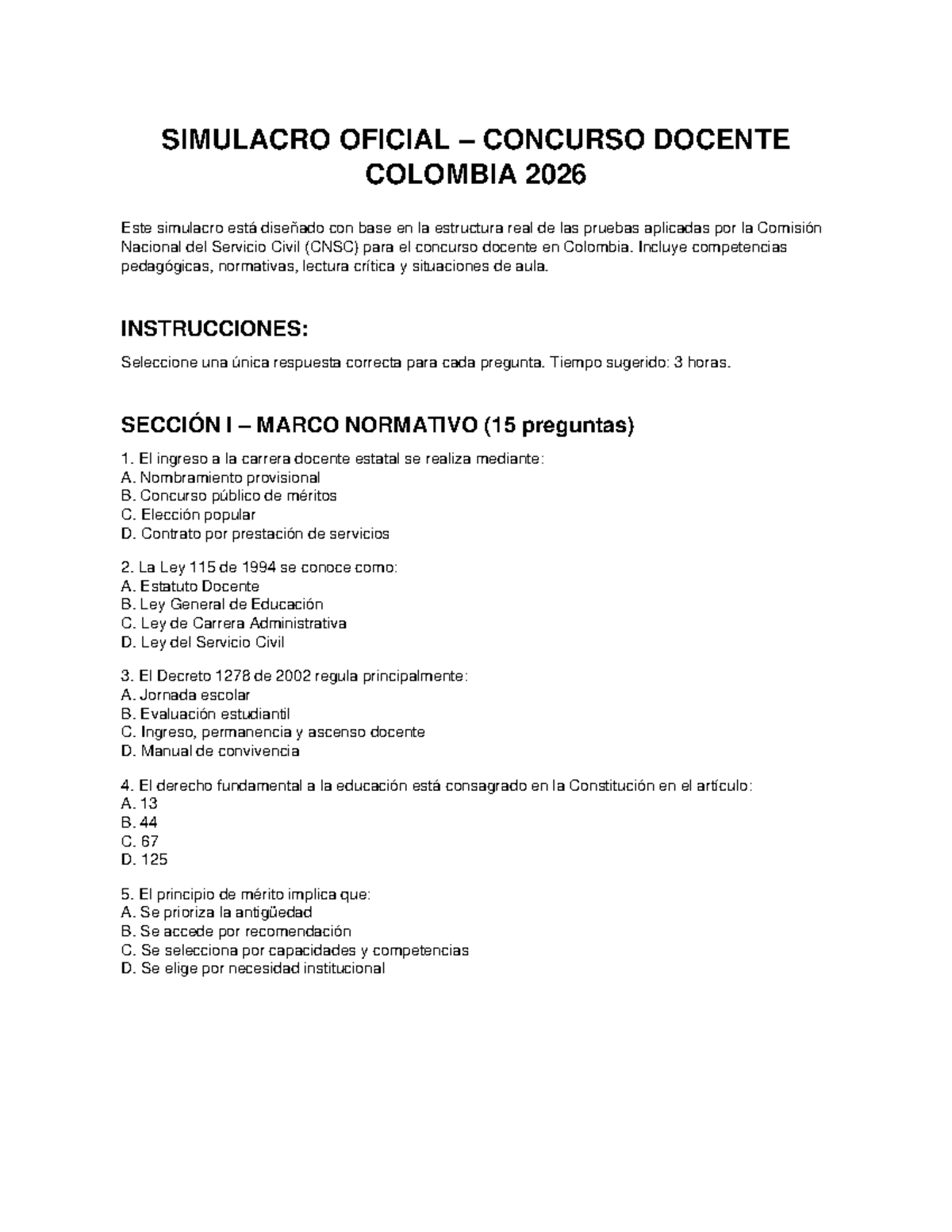 Simulacro Oficial Concurso Docente CNSC 2026: Pruebas y Competencias - Document Preview