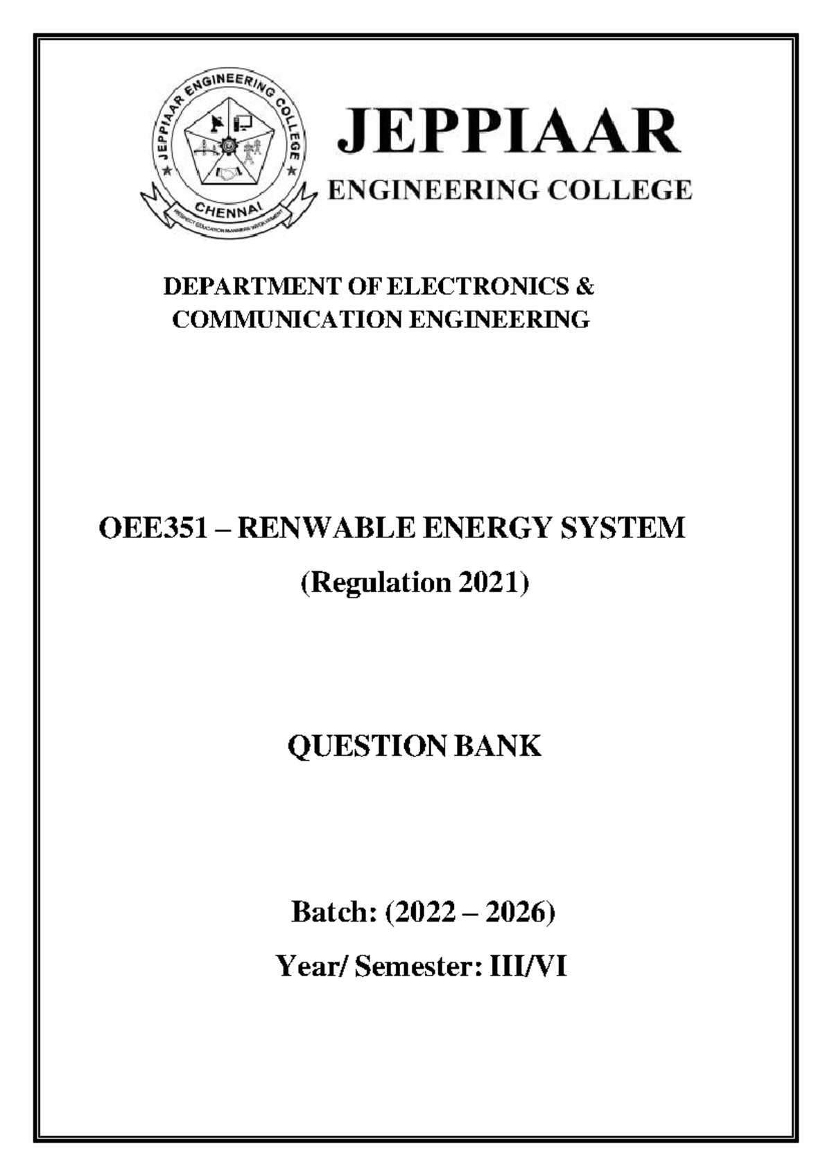 OEE351 RENEWABLE ENERGY SYSTEMS QUESTION BANK (2022-2026) - Studocu