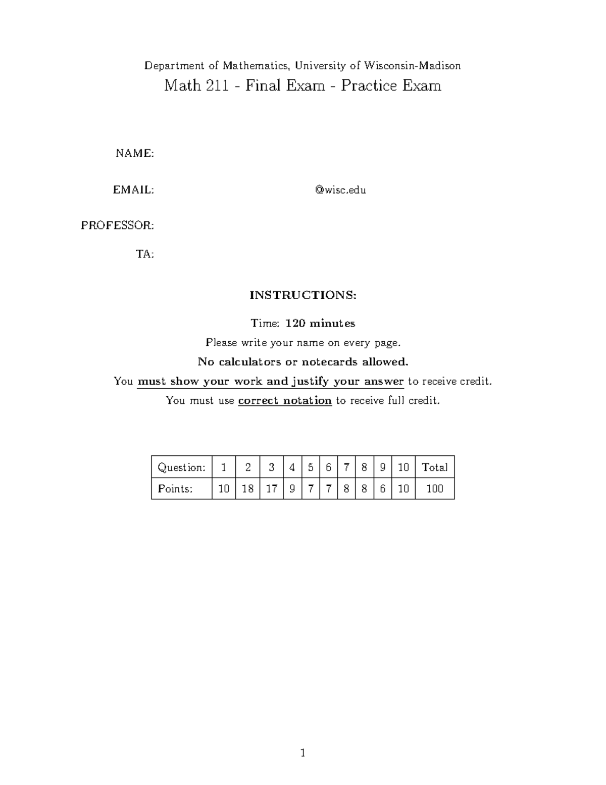 Math 211 - Final Exam - Practice Exam - Studocu