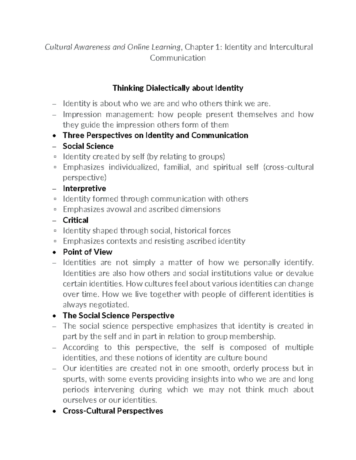 Chapter 1 Notes: Identity & Intercultural Communication - IDS105 - Studocu