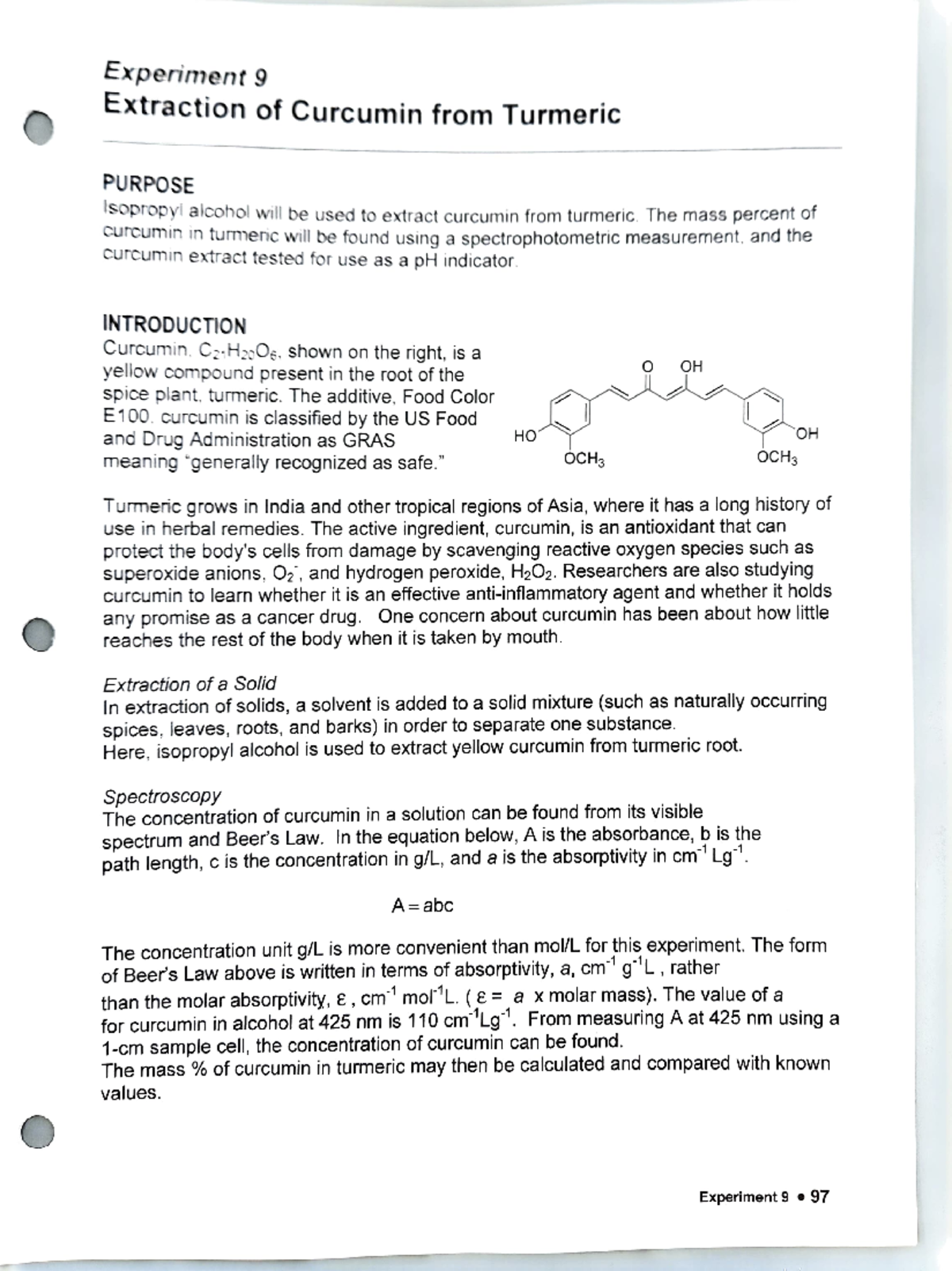 Lab 2 - Experiment 9: Extraction of Curcumin from Turmeric Notes - Studocu