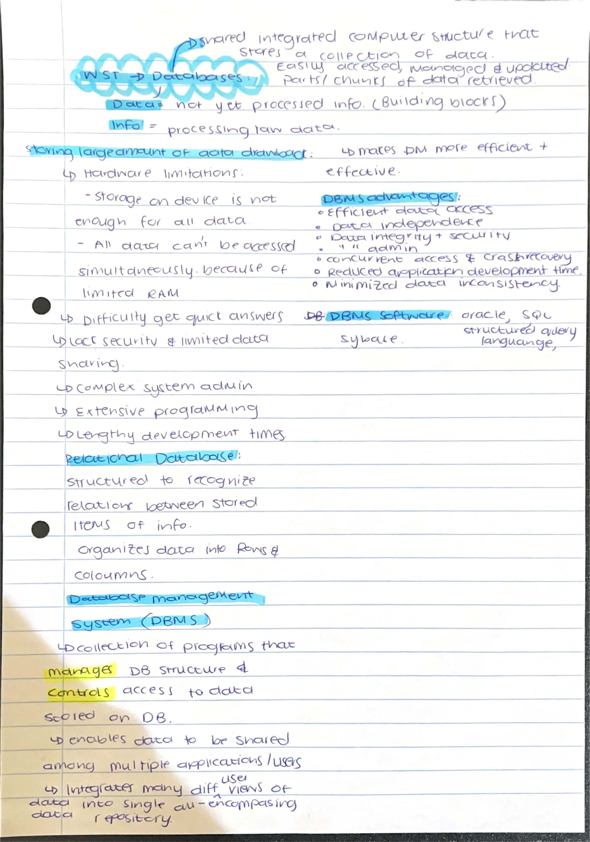 WST databases Notes - Dsnared integrated computer structure that stores ...