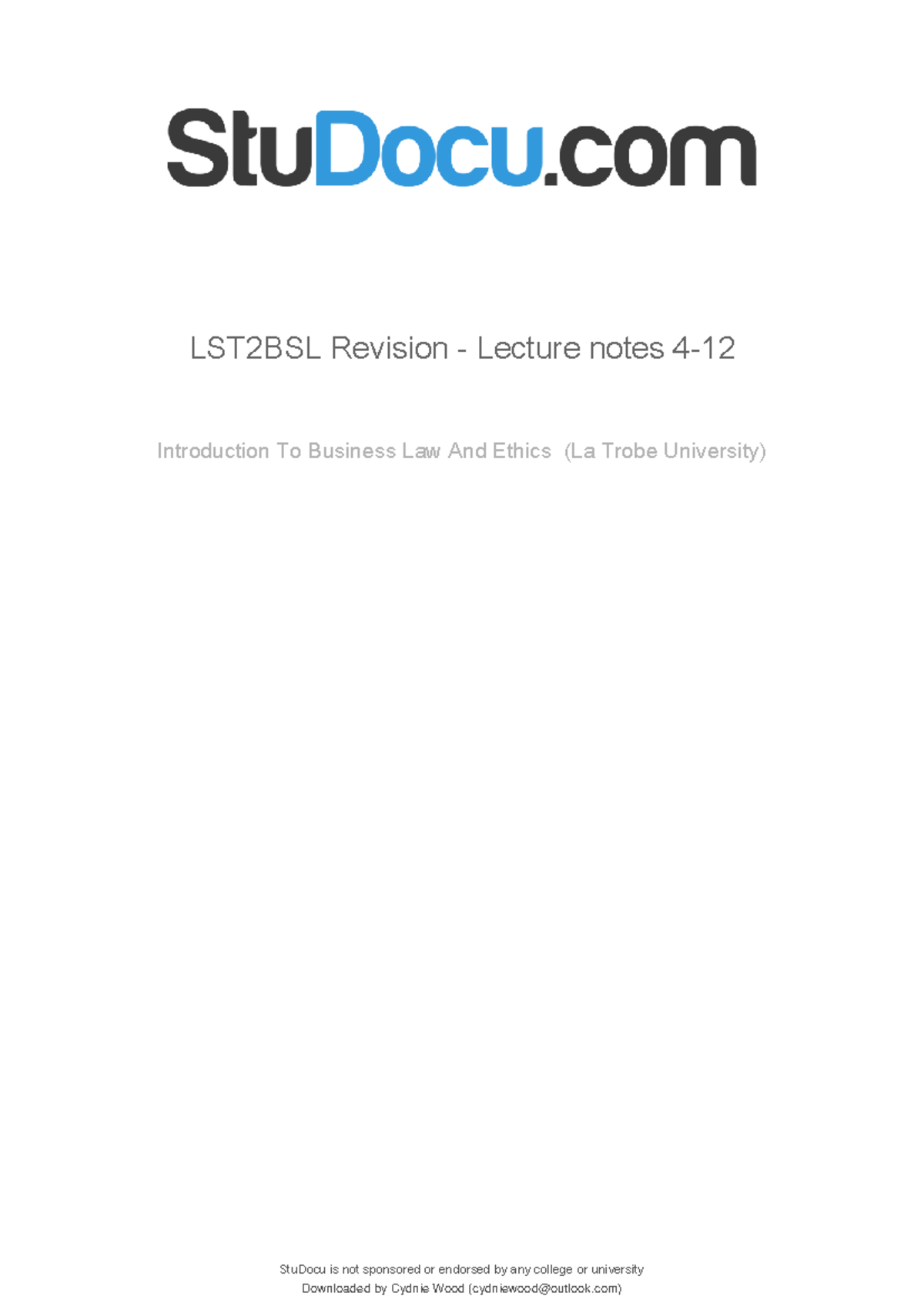 Introduction to Business Law and Ethics Revision Lecture Notes - Studocu