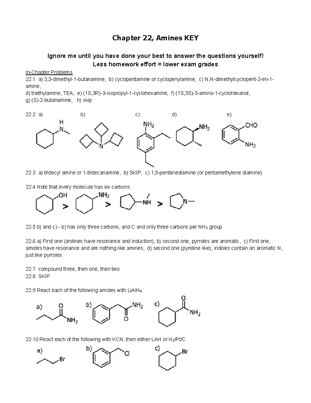 CHEM 224 Chapter 22, Amines Textbook Problems Answer KEY - Studocu