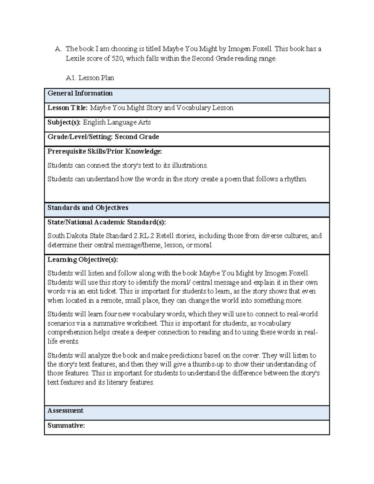 D688 Lesson Plan: Maybe You Might by Imogen Foxell for 2nd Grade - Studocu