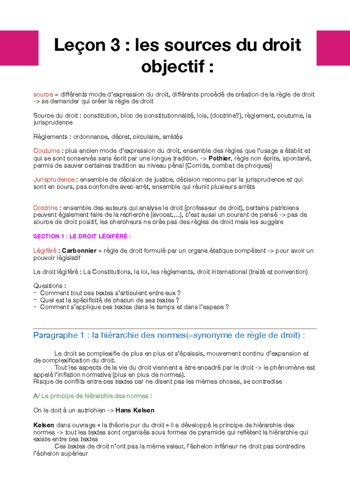 Introduction au Droit - Leçon 3 : Sources du Droit Objectif - Studocu