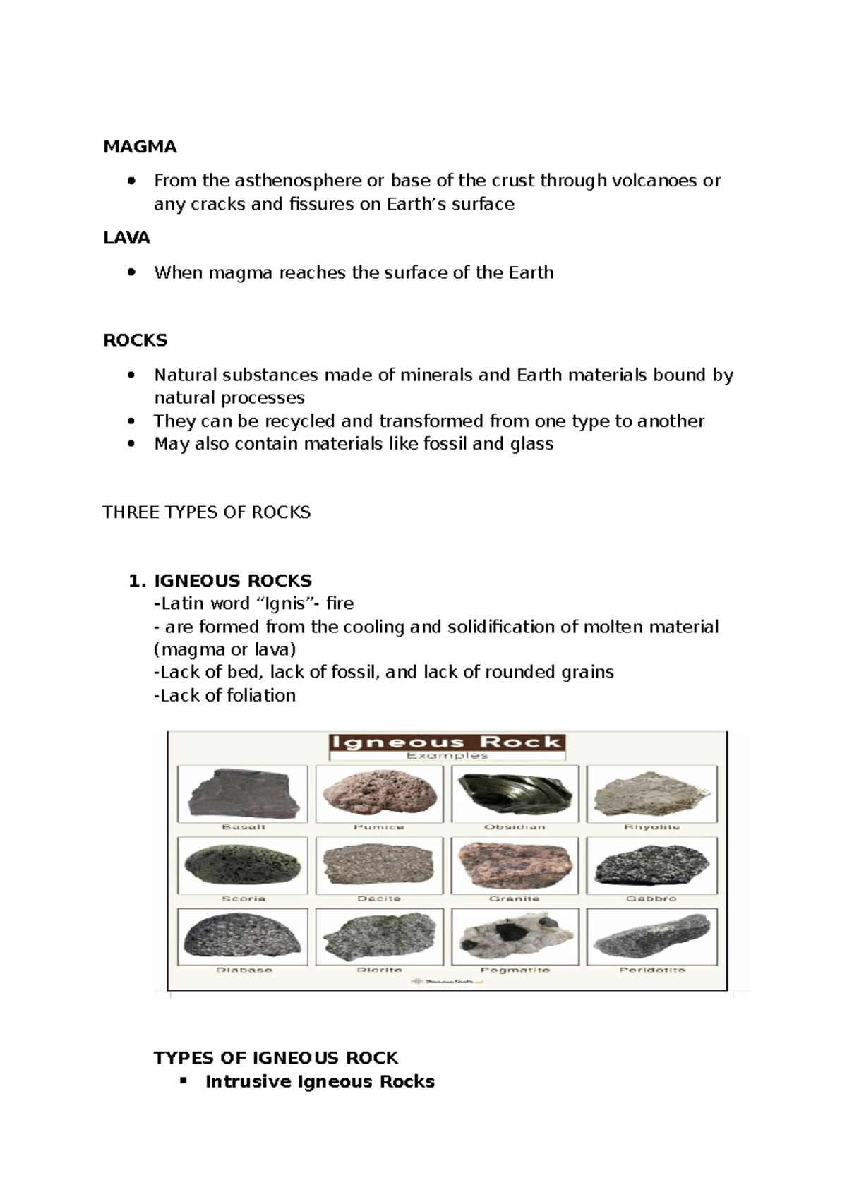 Earth Science Reviewer - Geology of Rocks and Magma Types - Studocu