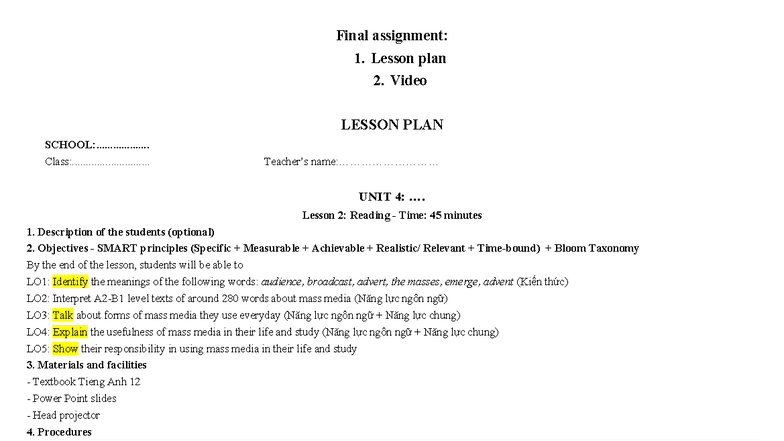 Final Assignment: Lesson Plan for Unit 4, Lesson 2 - Mass Media - Studocu
