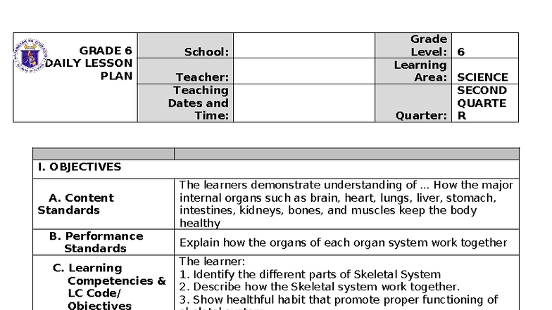 CO LP 2ND Quarter - Grade 6 Science Daily Lesson Plan on Human Body ...