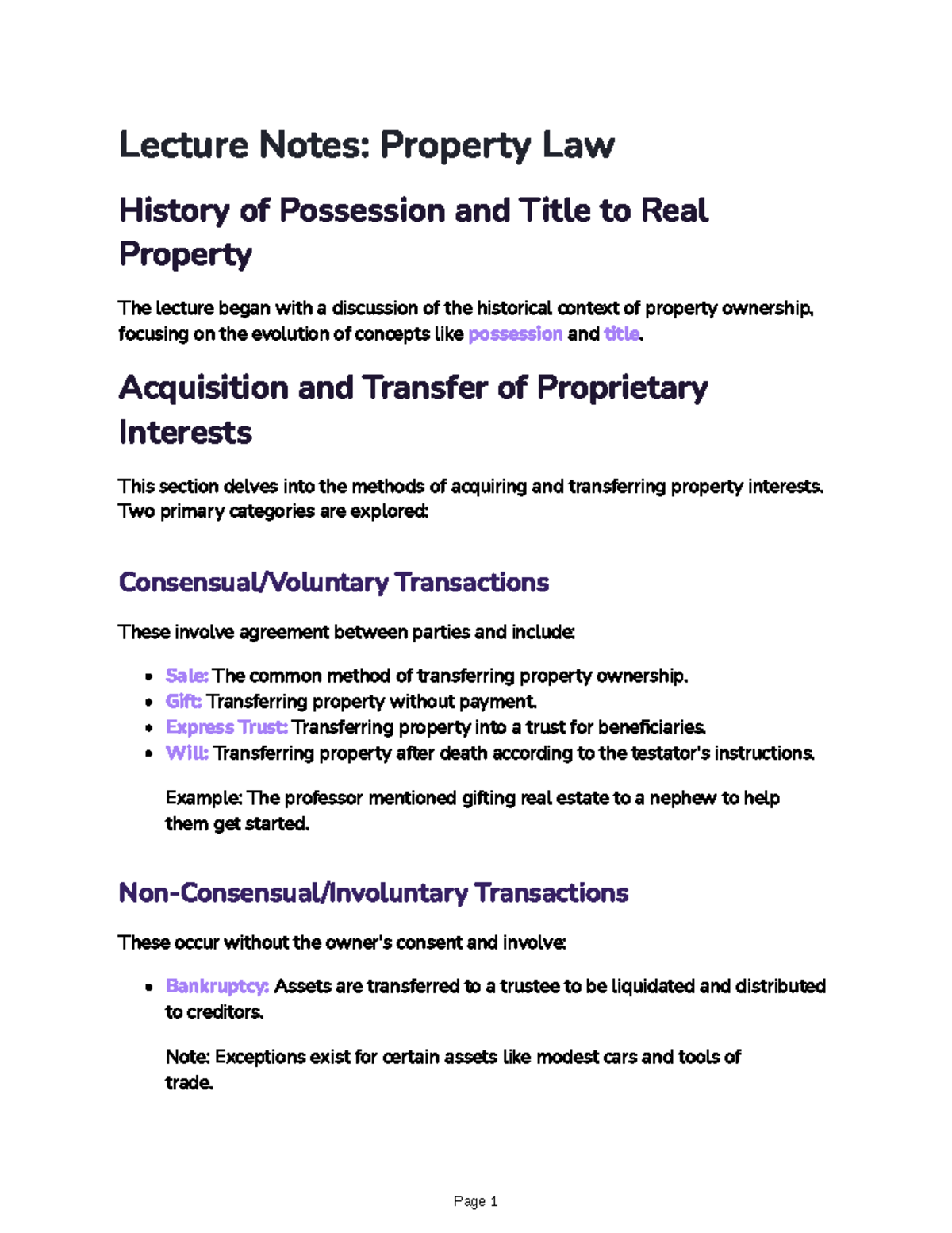 Lecture Notes: Property Law (A) - History of Possession & Title - Studocu