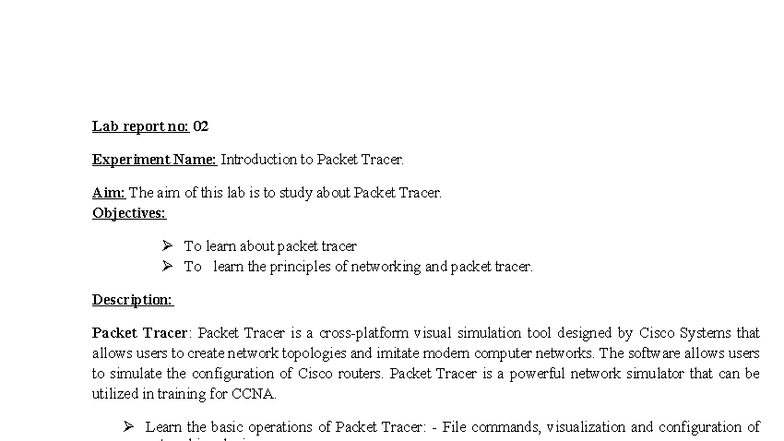 Lab 2 - Packet Tracer Introduction & Networking Principles - Studocu