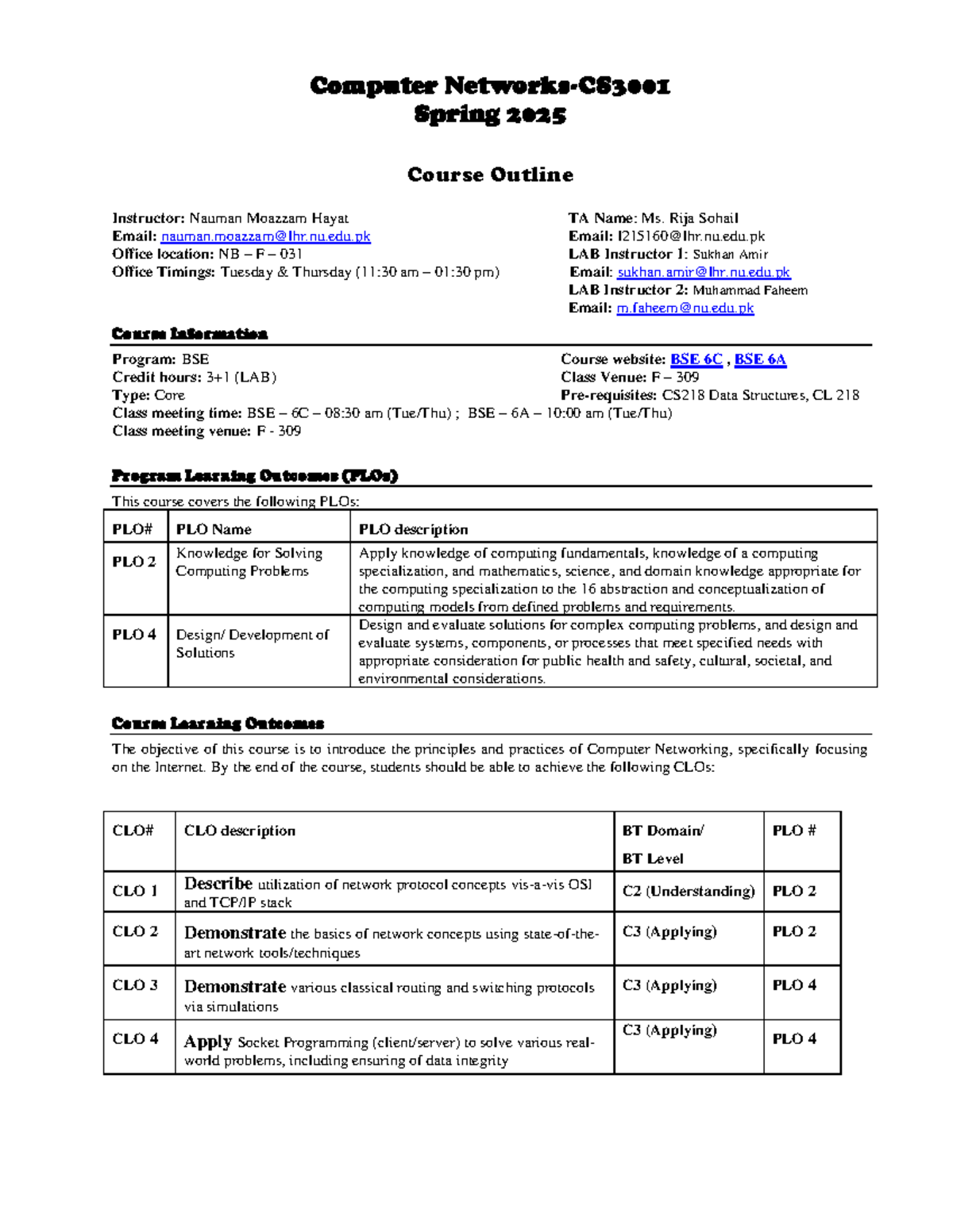 CS218 Computer Networks Course Outline Spring 2025 - Studocu