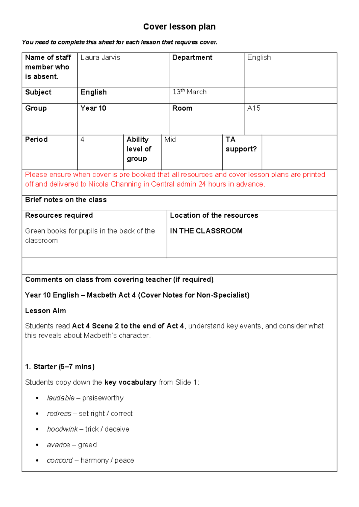 Cover Lesson Plan: Year 10 English - Macbeth Act 4 (13th Mar) - Studocu