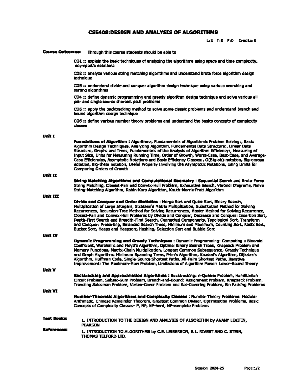 CSE408: Syllabus for Design and Analysis of Algorithms Course - Studocu