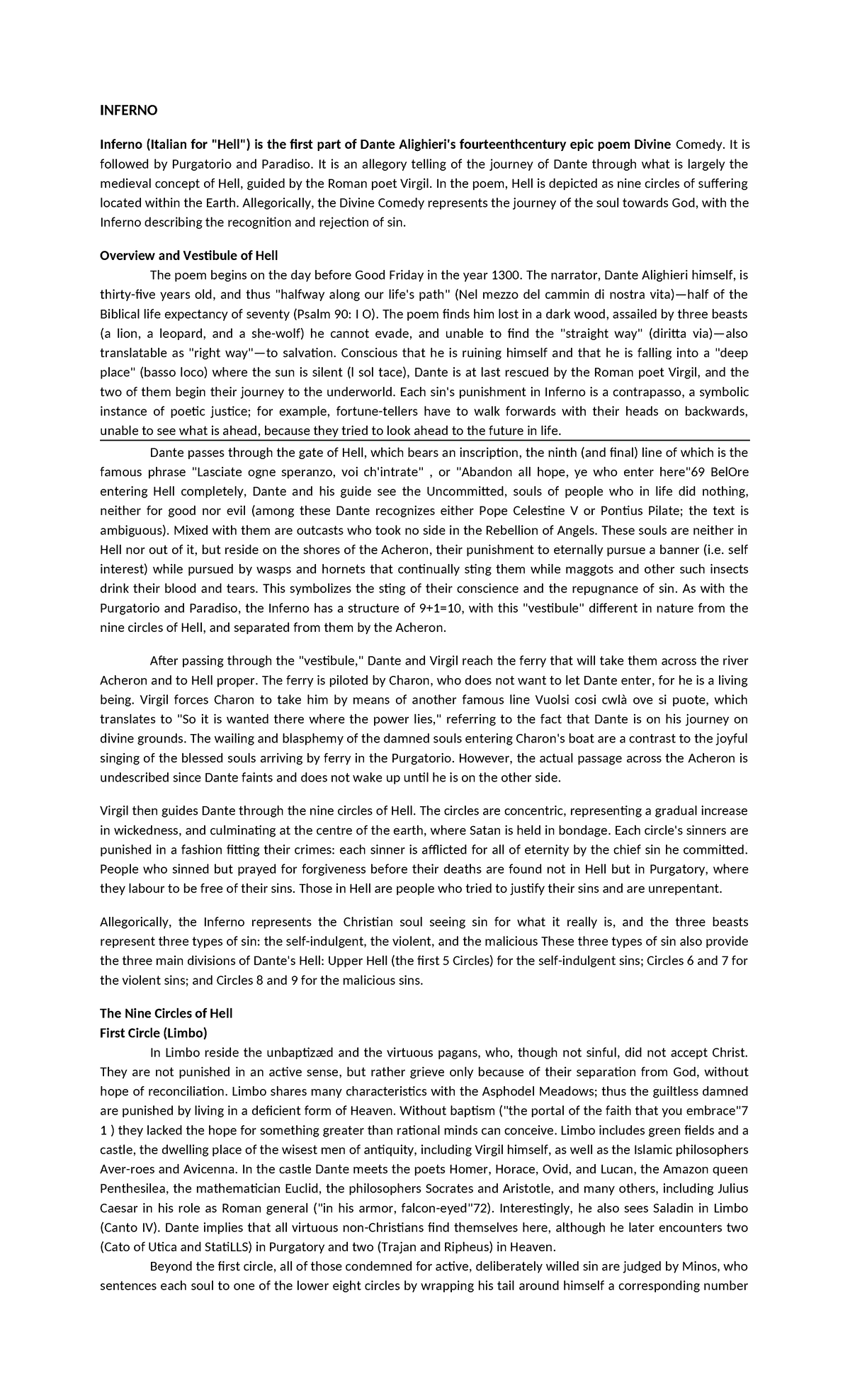 Inferno - Notes - INFERNO Inferno (Italian for 