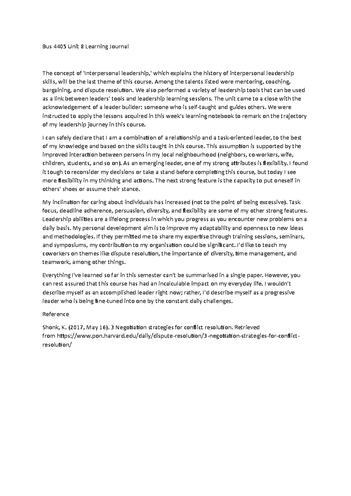 Bus 4405 Unit 8 Learning Journal: Reflections on Leadership Growth ...