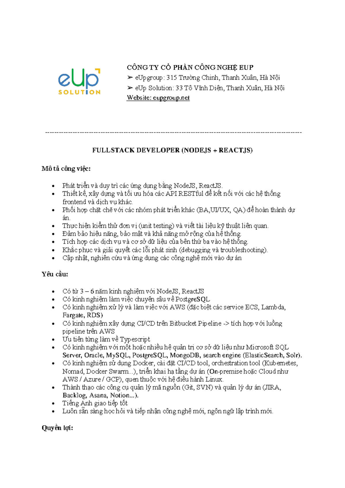 [e UP solution] JD - Fullstack Developer (NodeJS, ReactJS) - Remote ...