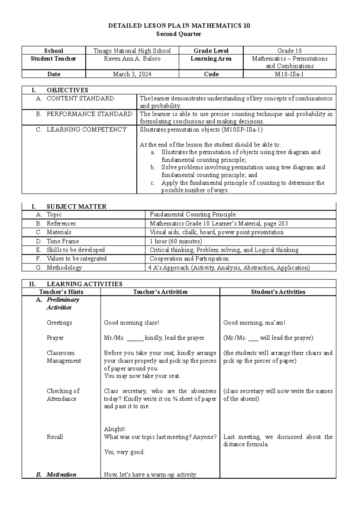 Mathematics 10: Detailed Lesson Plan on Permutations & Combinations ...