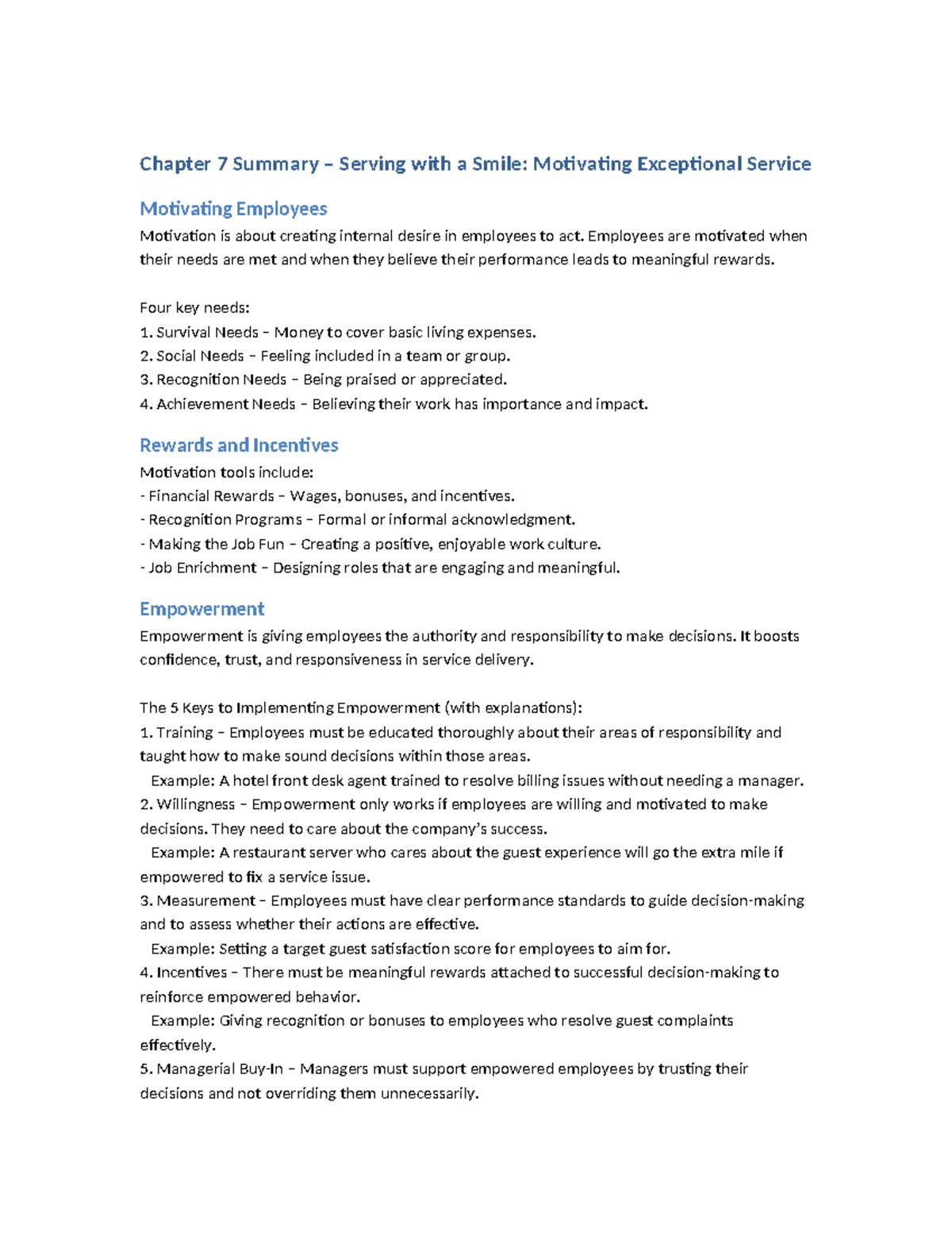 Chapter 7 Summary: Motivating Employees for Exceptional Service - Studocu