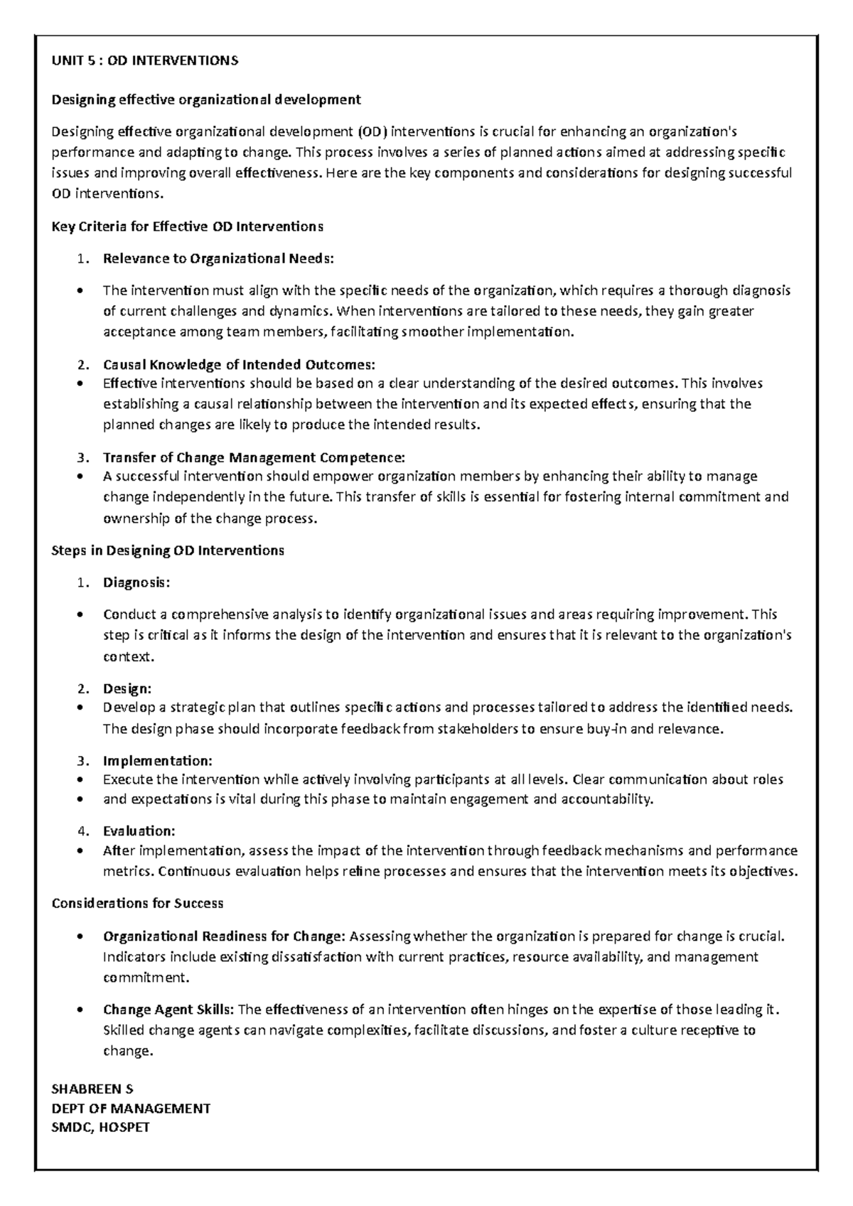 OD UNIT 5 - lecturer notes OB - SHABREEN S DEPT OF MANAGEMENT Designing ...