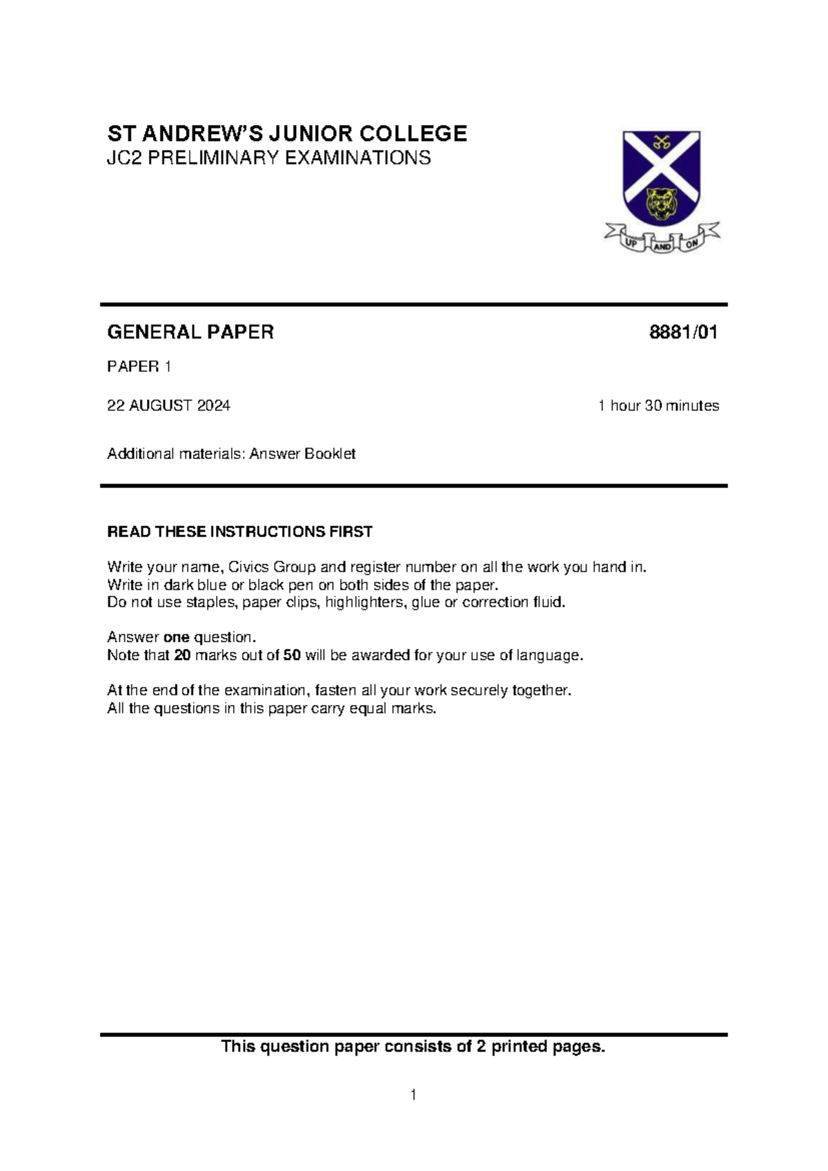 SAJC JC2 Preliminary Exam 2024 - General Paper P1 - Studocu