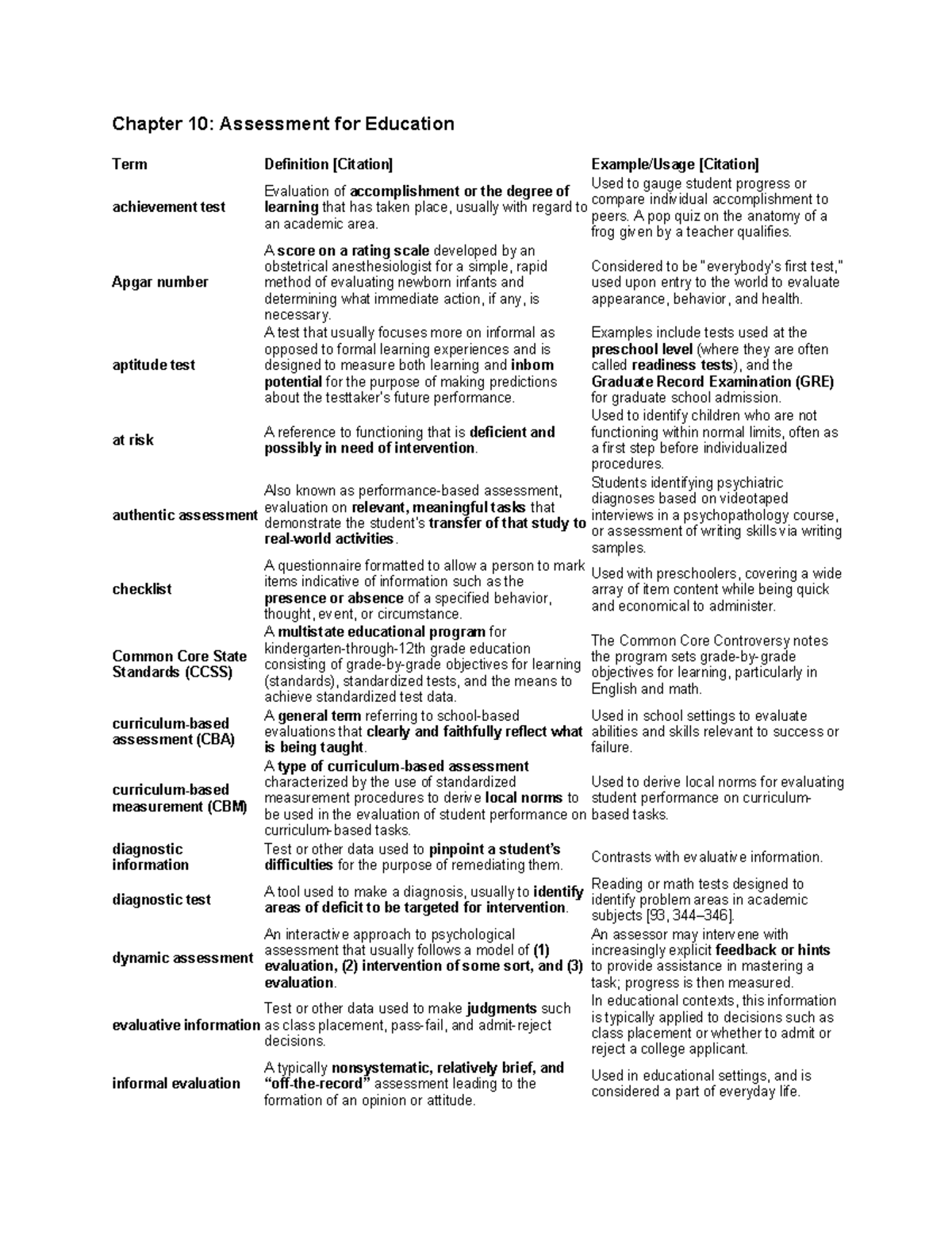 Chapter 10: Assessment for Education - Key Terms and Definitions - Studocu