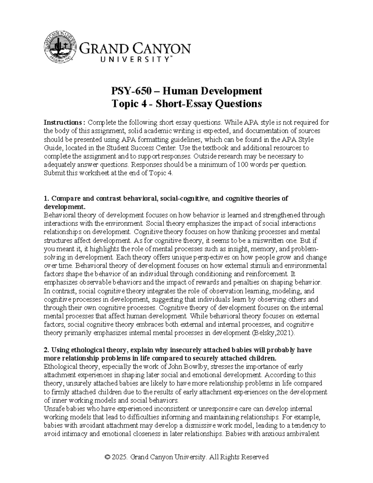 PSY-650-RS-T4-Short Essay Questions on Human Development Topics - Studocu