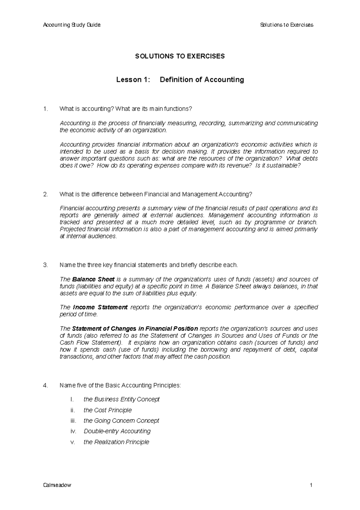 Accounting study guide Solutions to Exercises - SOLUTIONS TO EXERCISES ...