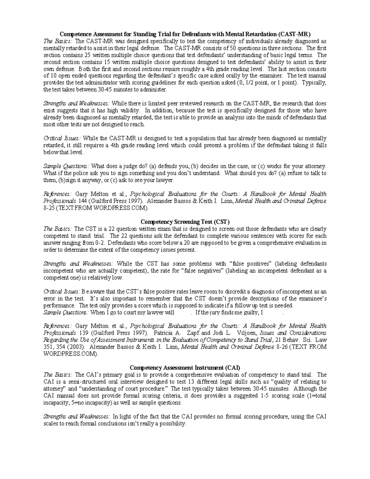 U1 - Forensic Competency Assessment Instruments Overview - Studocu