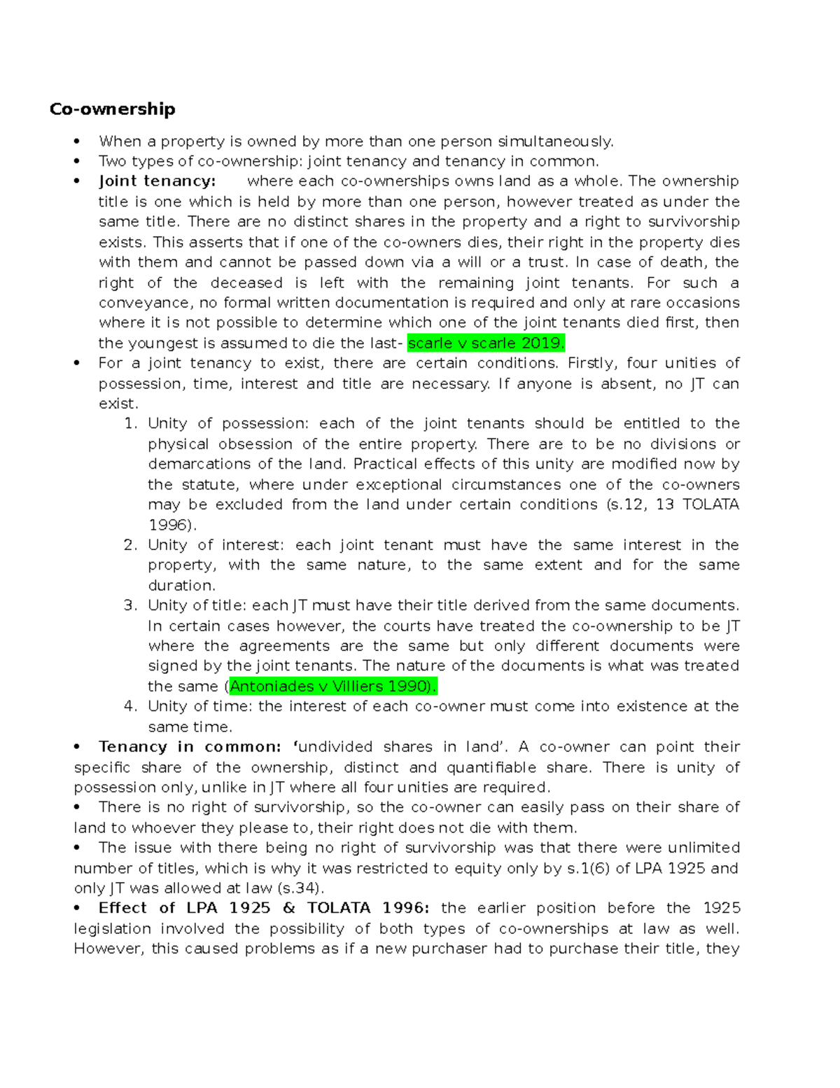 Co-Ownership Final Notes: Joint Tenancy vs Tenancy in Common (LAW 101 ...