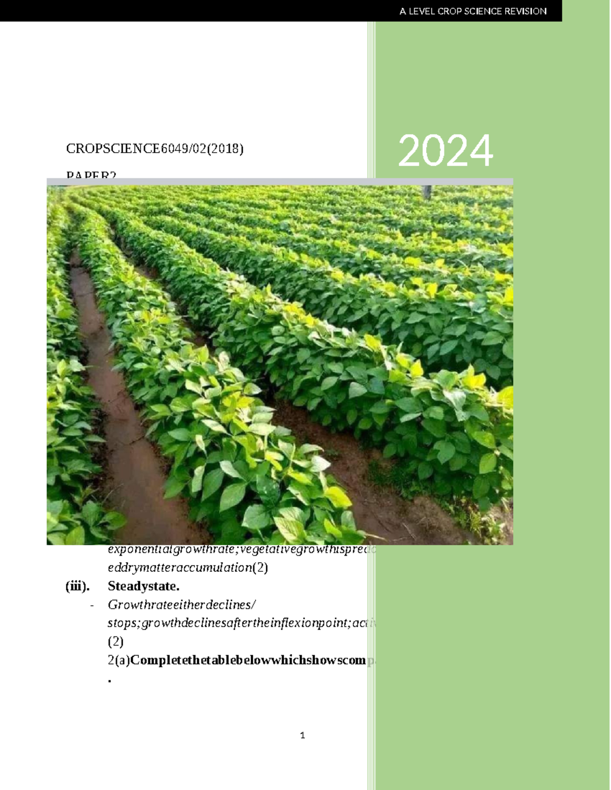 A LEVEL CROP SCIENCE REVISION 2024 PAPER 2 Study Guide - Studocu