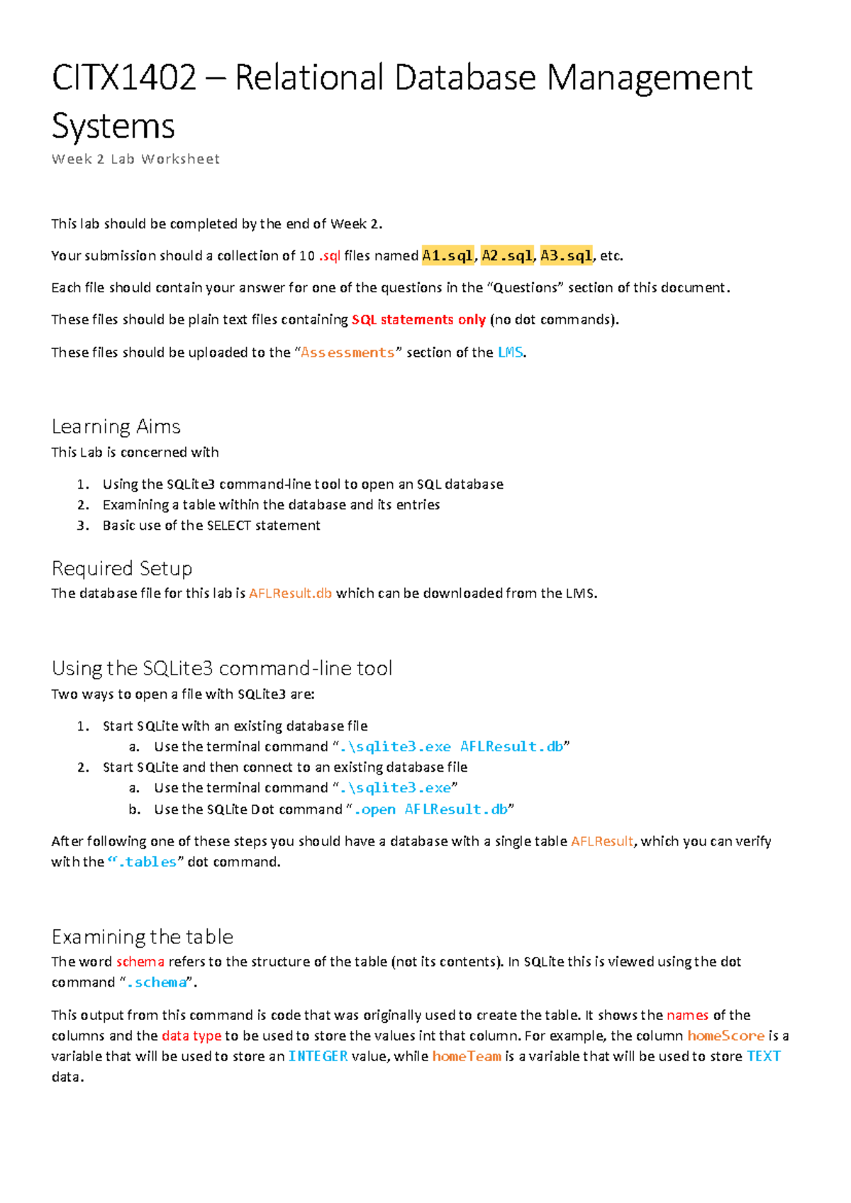 CITX1402 Relational DBMS Week 2 Lab Worksheet Instructions - Studocu