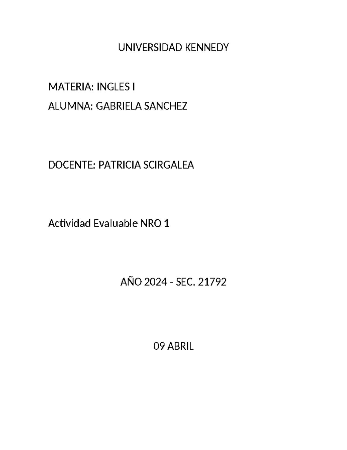Actividad Evaluable 1 - Inglés I (Sec. 21792) - Studocu