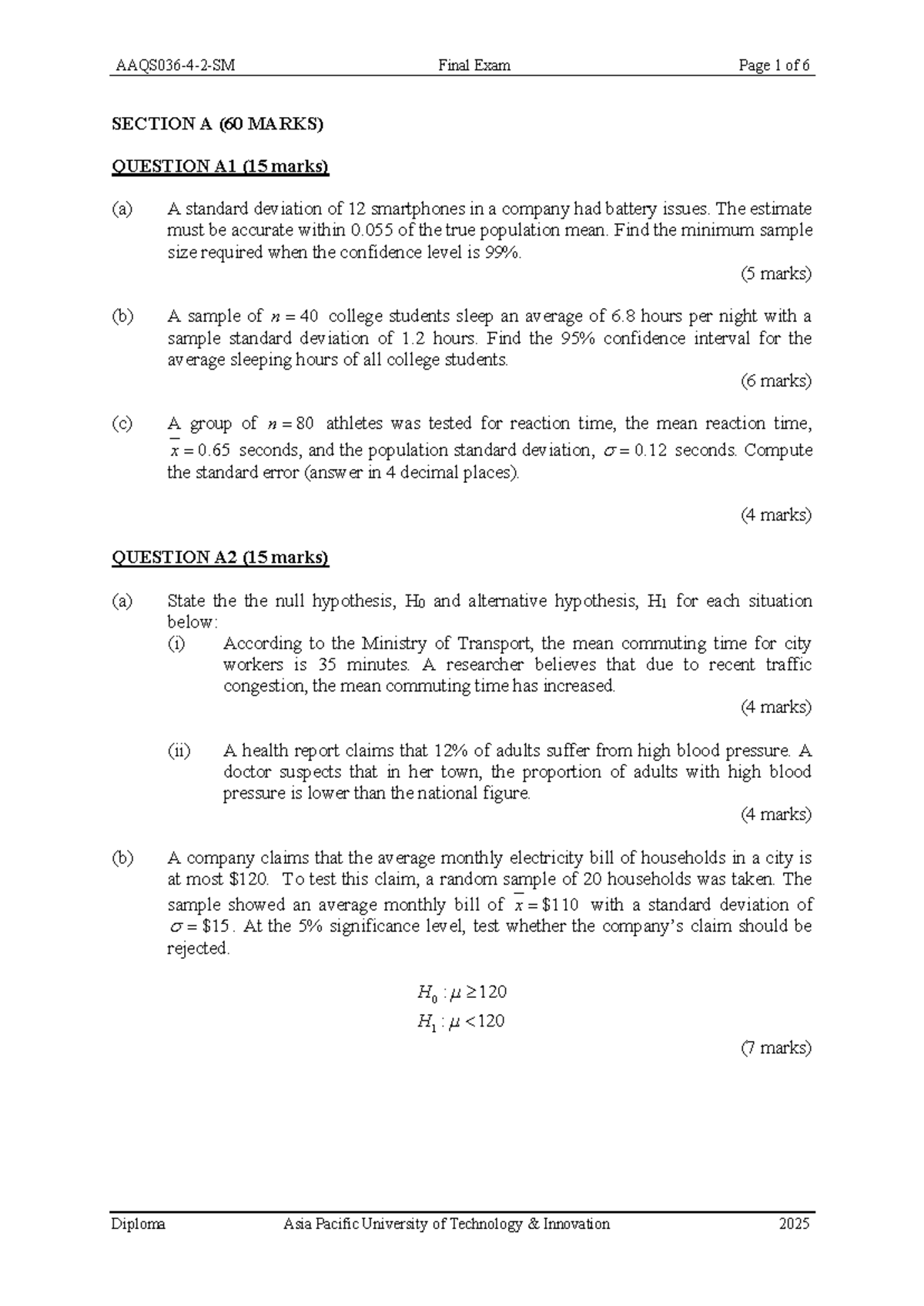Final Exam: Statistics and Hypothesis Testing (DIP 2025) - Studocu