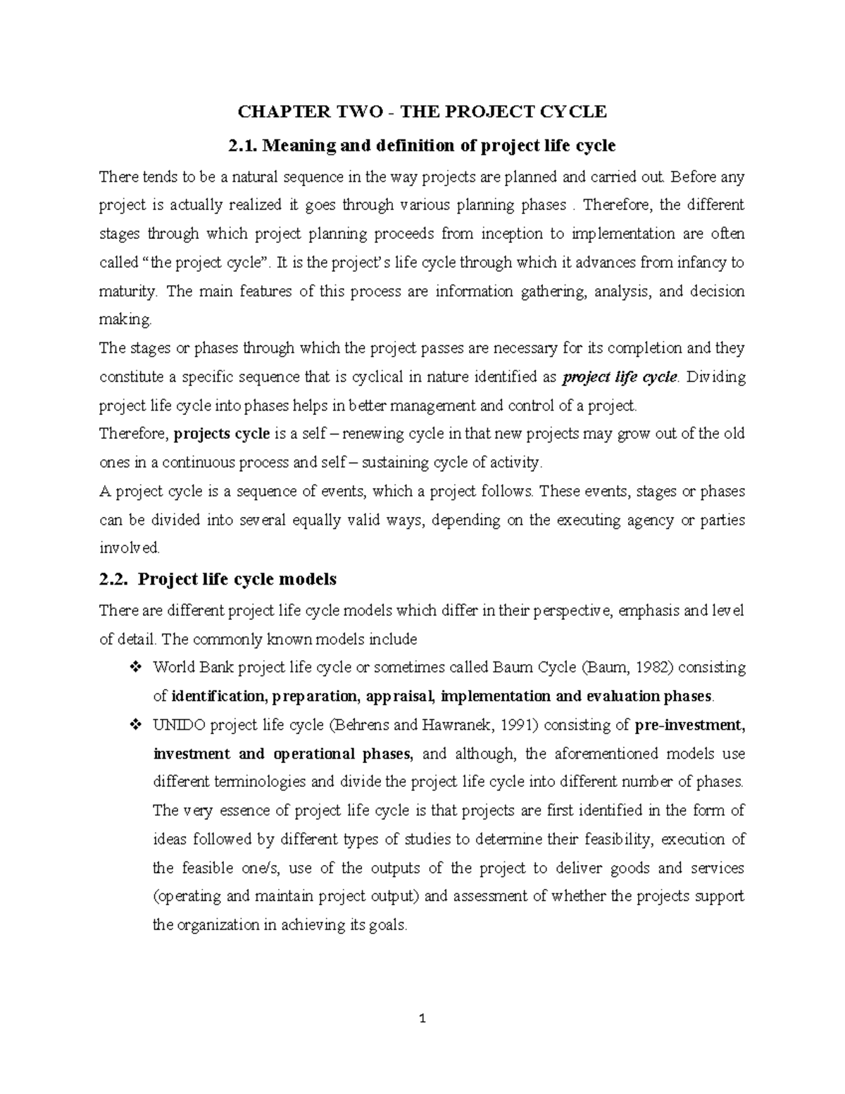 Chapter Two - management related - CHAPTER TWO - THE PROJECT CYCLE 2 ...