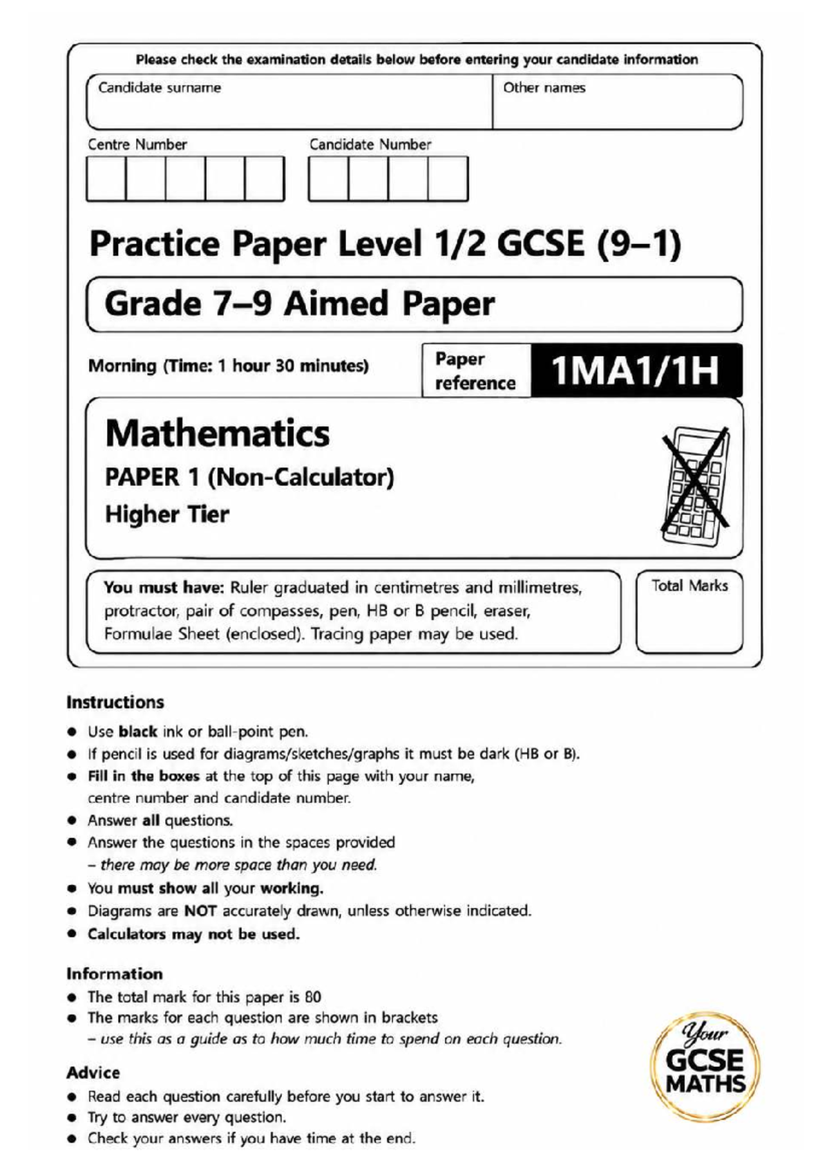 GCSE Mathematics Practice Paper P75158A - Higher Tier Exam Guide - Studocu