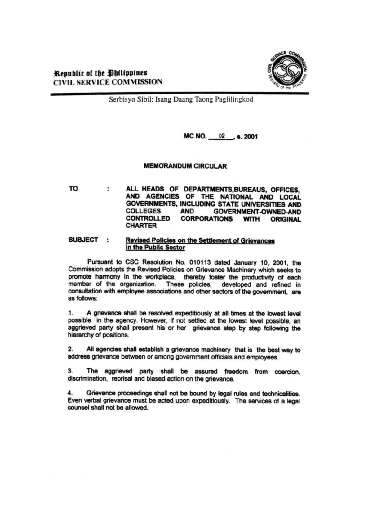 MC 02, S. 2001: Revised Grievance Policies in Public Sector - Studocu