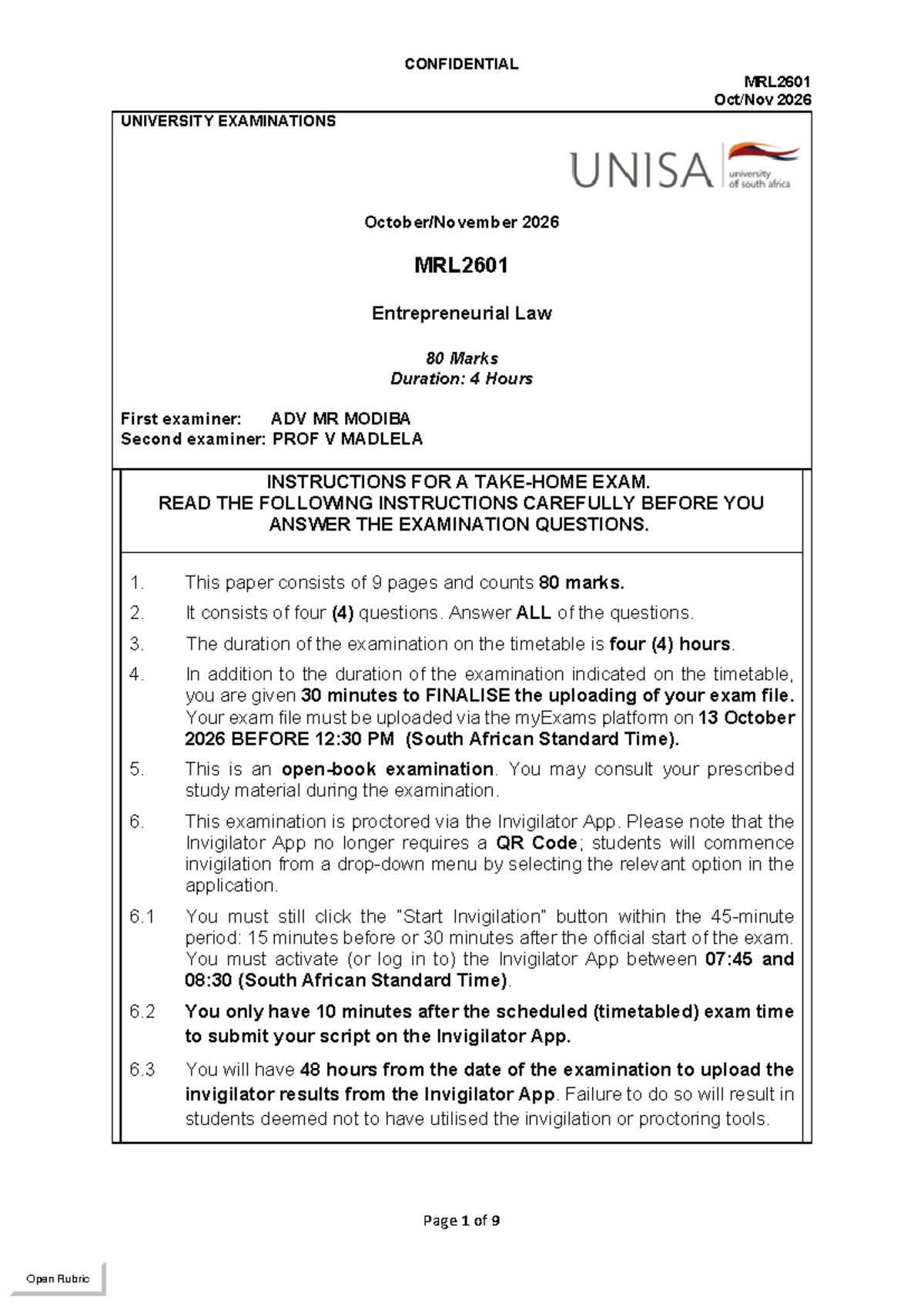 MRL2601 Entrepreneurial Law Exam Instructions & Guidelines 2026 - Studocu